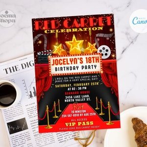 May include: Red carpet themed birthday party invitation with gold stars, a film reel, and red curtains. The invitation says "Jocelyn's 18th Birthday Party" and includes the date, time, and location of the party. RSVP information is also included.