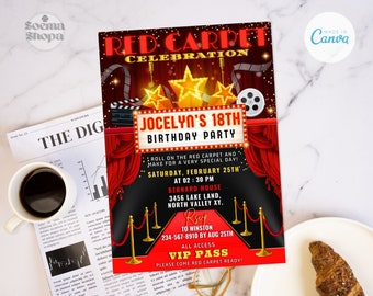 Red Carpet Birthday Party Invitation: Movie Theme (Canva Editable, Instant Download)