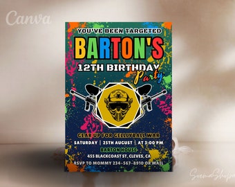 Invito per festa di compleanno a tema paintball, tema guerra mimetica (Canva modificabile, download digitale)