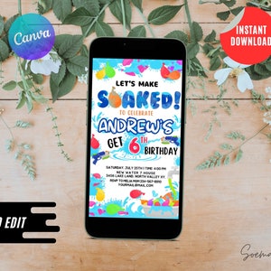 Watergun Invitation Party, Soaked Party, Splash Birthday, Canva Editable Template, Electronic Invitation, Personalized Instant Download