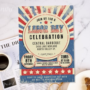 Labor Day Digital Invitation Party file, Labor Day theme, Labor Day Celebration, Vintage, Personalized Editable and Instant Download