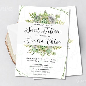 Succulent Teen Invitation, Succulents Birthday Invitations, Quinceanera Party Idea, Fifteen Invitation, Canva Editable, Instant Download