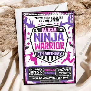 May include: A black and white invitation with a purple and pink ninja warrior theme. The invitation reads "Alicia Ninja Warrior 8th Birthday" with event details. Includes silhouettes of ninja figures and stars.