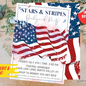 4 juli, Stars and Stripes-uitnodiging voor feest, Independence Day, canva, bewerkbare uitnodiging, gepersonaliseerde instant download en afdrukbaar