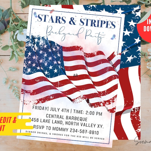 Stars and Stripes Backyard Party Invitation, Independence day, 4th July Party, Canva Editable, Personalized Instant Download and Printable