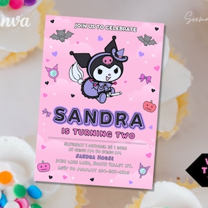 Kawaii Kitty uitnodigingsfeest, Little Pink Kitty verjaardagsthema, schattige Witch Kitty nodigt uit, gepersonaliseerde Instant Download en afdrukbaar