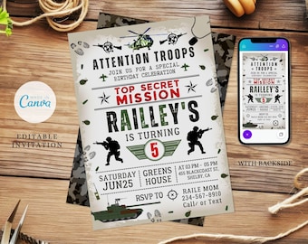 Army Birthday Party Invitation: Camo Soldier Evite (Canva Editable, Instant Download)