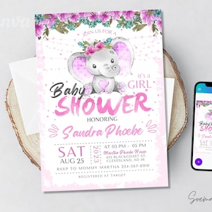 Pink Elephant Baby Shower Invitations: Editable Canva Template (Instant Download)