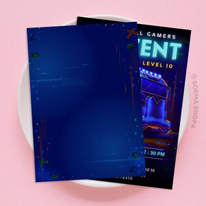 May include: A blue and neon green invitation for a gaming event. The invitation features a futuristic truck with neon lights and the text "Level 10" and "Event".
