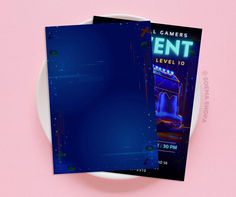 May include: A blue and neon green invitation for a gaming event. The invitation features a futuristic truck with neon lights and the text "Level 10" and "Event".