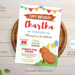 Editable Capy Birthday Invitation, Capybara Birthday Party Invitation, Party Invitation, Canva, Personalized Instant Download and Printable