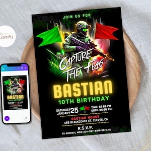 Army Birthday Party Invitation: Capture The Flag, Camo (Canva Editable, Instant Download)