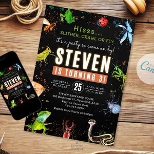 Editable Reptiles Invitation, Insects Birthday Party, Slither Birthday Invitation, Reptile Evite, Canva Printable, Instant Download