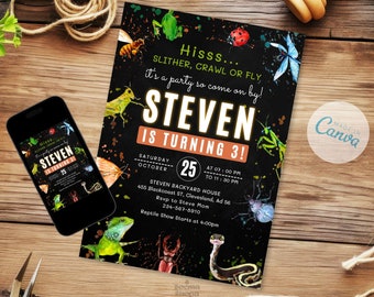 May include: A black and green birthday party invitation with a colorful illustration of various insects and reptiles. The invitation reads "Hisss... Slither, Crawl or Fly, it's a party so come on by! Steven is turning 3!" with details for the party on October 25th at 7:00 PM to 11:30 PM. The invitation also includes the address, RSVP information, and the time for a reptile show.