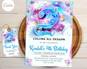 Blue Dragon Birthday Invitations: Editable Canva Template (Instant Download)