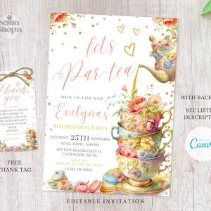 Tea Party uitnodiging, Tea Birthday Party, Vintage Tea Party, bewerkbare uitnodiging, Canva, gepersonaliseerd, Instant Download en afdrukbaar
