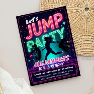 Sjabloonbestand uitnodiging Jump-feestje, bewerkbaar Jump-verjaardagsfeest, Trampolinefeest, direct downloaden en afdrukbaar