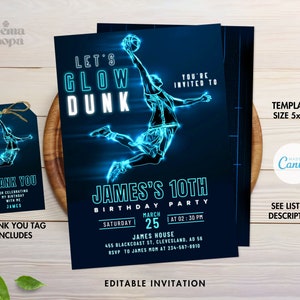 Basketball Party Invitations, Neon Basketball Birthday Party, Glow Invite, Sport Invite, Canva Editable and Printable, Instant Download