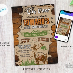 Jagd-Geburtstagseinladung, Hirsch-Jäger-Party einladen, Camo bearbeitbare Vorlage, Sofort-Download, Canva, Jagdparty