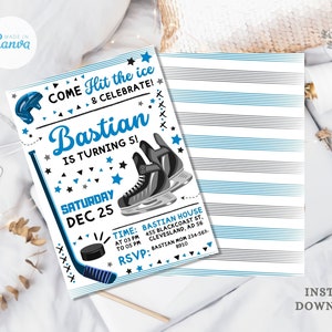 IJshockeyuitnodigingen, ideeën voor een hockeyfeest, wintersportuitnodiging, schaatsavond, canva bewerkbaar en afdrukbaar, direct downloaden