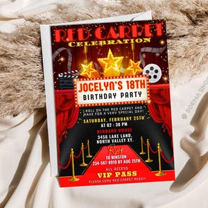 May include: Red carpet themed invitation for Jocelyn's 18th birthday party. The invitation features a red curtain, gold stars, and a film reel. The text reads "Jocelyn's 18th Birthday Party" and includes details about the party, including the date, time, and location.