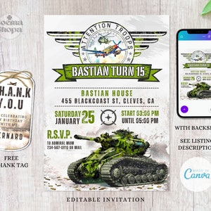 Armee-Geburtstags-Party Einladungen, Soldatenparty, Camo einladen, Militärpanzer einladen, Canva bearbeitbar und druckbar, sofortiger Download