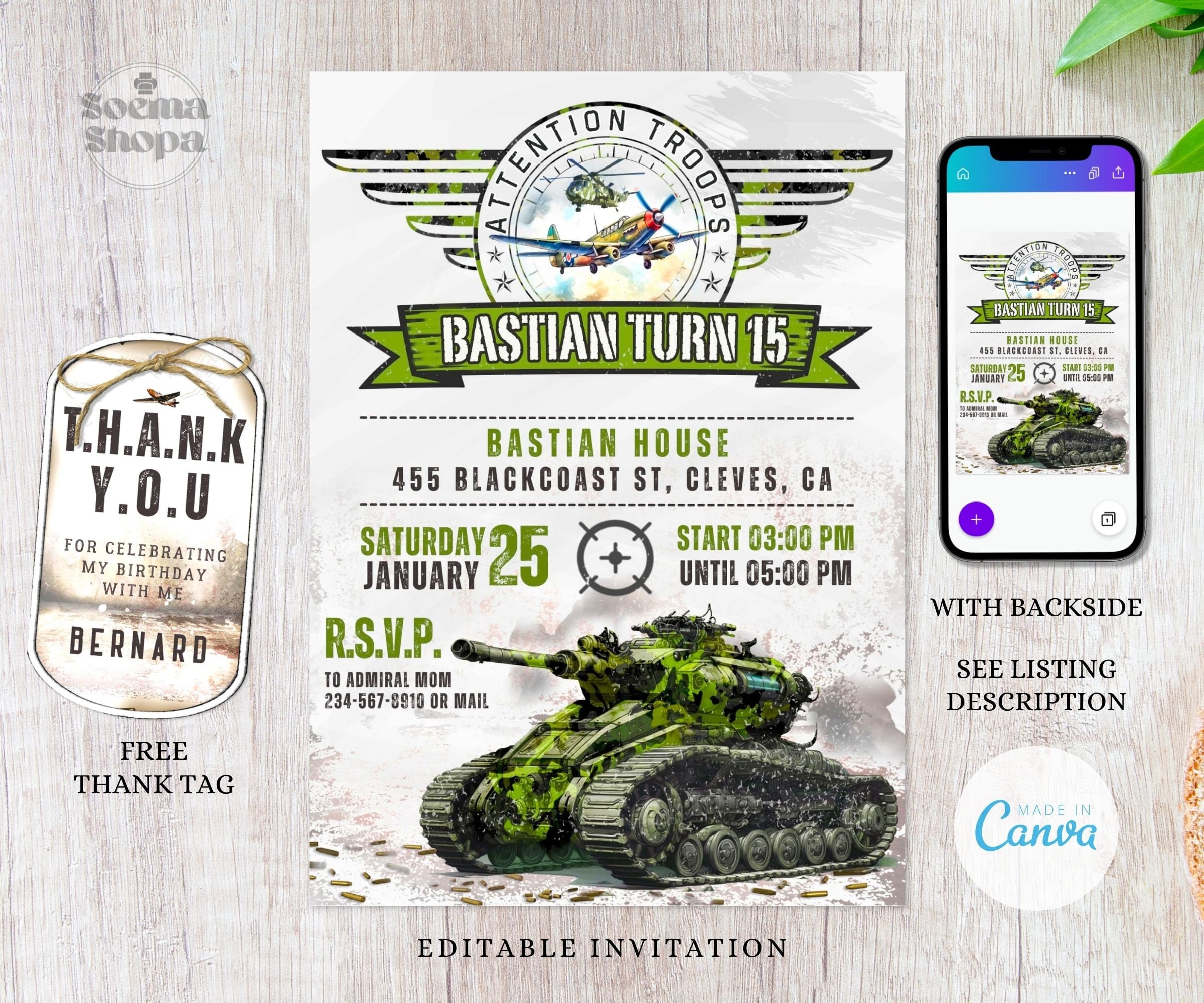 Army Birthday Party Invitation: Camo Tank, Editable Canva Template ...