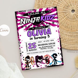 May include: Purple and black birthday party invitation for a 5-year-old girl's birthday party. The invitation features a ninja theme with the text "Calling all Ninja Kidz" and "Olivia is turning 5". The invitation also includes the date, time, and location of the party.