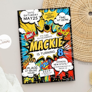 Comic-Geburtstagsfeier-Einladung Vorlage, Superheld Comic Party, Retro Comic Geburtstagsfeier, bearbeitbar und druckbar, Instant Download
