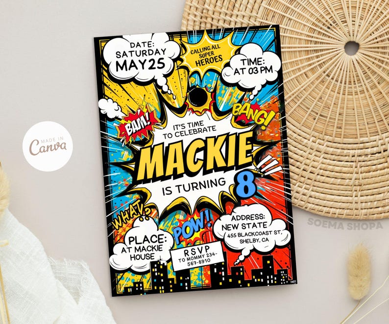 Superhero Comic Birthday Invitation: Retro Party Template (instant ...