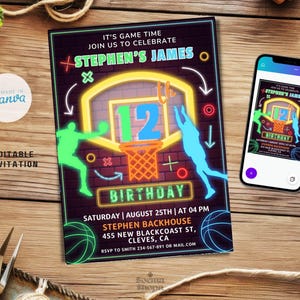 Faire-part de basket-ball phosphorescent, modèle de fête d'anniversaire néon, fête entre frères et sœurs, toile modifiable à télécharger, invitation imprimable personnalisée