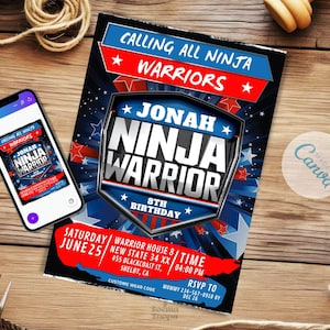 Novo arquivo de convite digital para festa de ninja americano, tema de aniversário de guerreiro, aniversário de ninja, personalizado, editável e download instantâneo