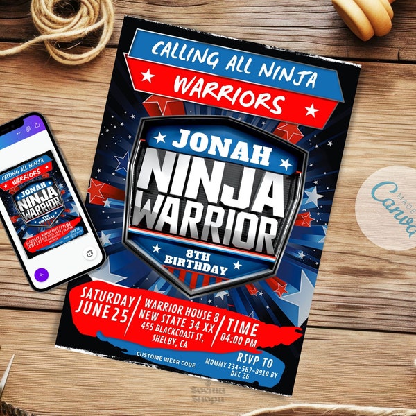 New American Ninja Digital Invitation Party file, Warrior Birthday theme, Ninja Birthday, Personalized Editable and Instant Download
