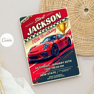 Editable Race Car Birthday Invitation: Canva Template (Digital Download)