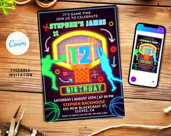 Glow Basketball Birthday Invitation: Neon Party Template (Canva Download)