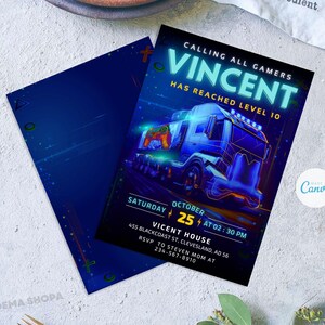 May include: A blue and yellow gamer-themed party invitation with a futuristic truck design. The invitation reads "Calling all gamers Vincent has reached level 10". The invitation includes the date, time, and location of the party.