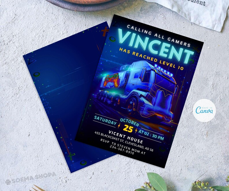 May include: A blue and yellow gamer-themed party invitation with a futuristic truck design. The invitation reads "Calling all gamers Vincent has reached level 10". The invitation includes the date, time, and location of the party.