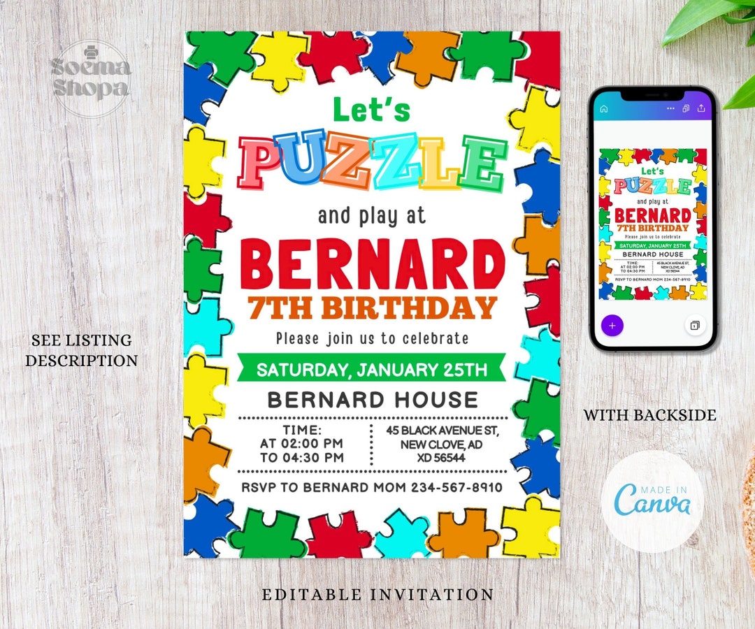 Puzzle Game Invitations, Puzzle Party, Puzzle Invite, Puzzle Coloring Evite, Canva Editable and ...