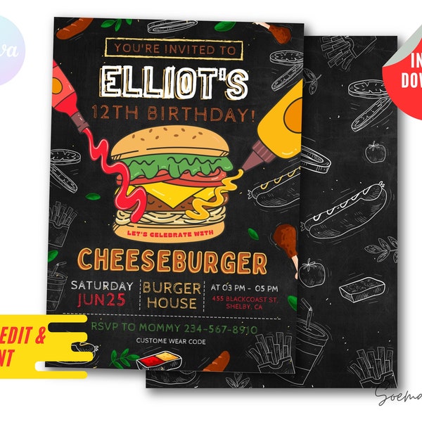 Cheeseburger Birthday Party Invitation file, Editable Burger Birthday theme, Canva Template, Personalized Instant Download and Printable