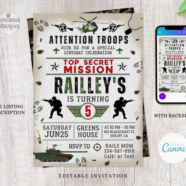 Army Party Invitations, Soldier Party, Camo Invite, MIlitary Evite, Birthday Gifts, Canva Editable and Printable, Instant Download