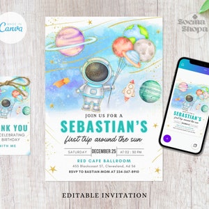 Fiesta de invitación de viaje espacial, fiesta de cumpleaños del primer viaje al espacio exterior, invitación editable, Canva, personalizada, descarga instantánea e imprimible