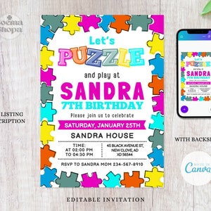 Puzzelspeluitnodigingen, puzzelmeisjesfeest, puzzel uitnodigen, puzzel kleuren Evite, Canva bewerkbaar en afdrukbaar, Instant Download