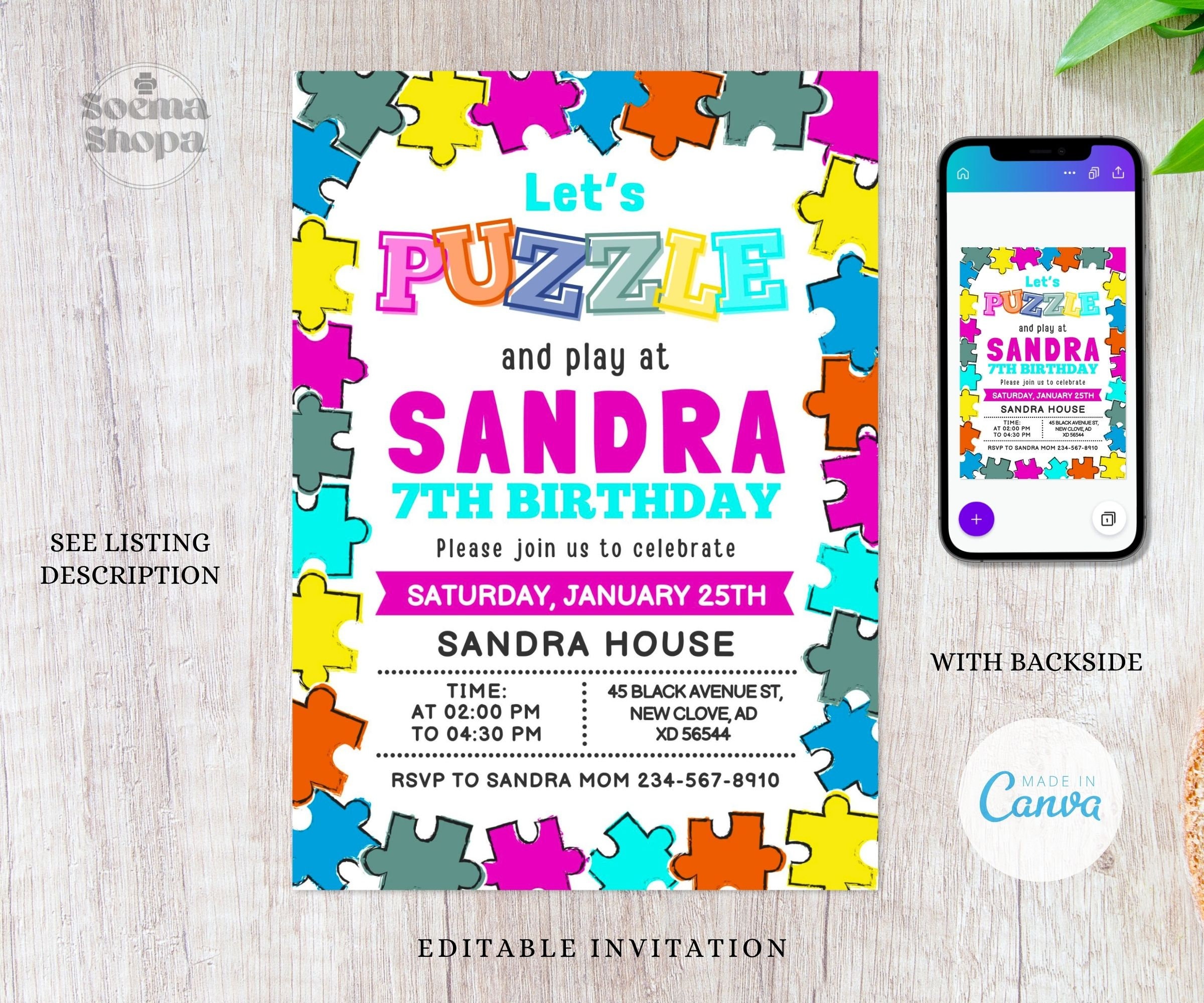 Puzzle Game Invitations, Puzzle Girl Party, Puzzle Invite, Puzzle Coloring Evite, Canva Editable ...