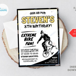 Faire-parts à vélo, fête d'anniversaire BMX, fête de course, invitation à vélo, evite de vélo, fête à vélo, toile modifiable, téléchargement immédiat