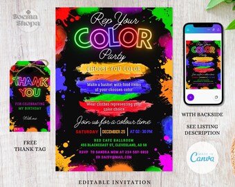 Color Party Einladungen, Color Party, Regenbogen einladen, Färbung Evite, Canva bearbeitbar und druckbar, Instant Download