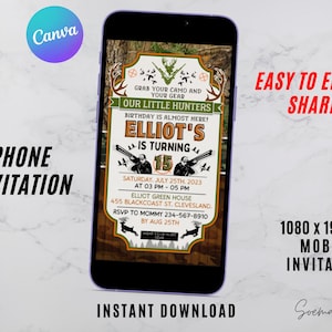 Deer Hunter Invitations, Hunting Electronic Invite, Little Hunter Birthday, Phone Invitations, Camo Party, Canva Editable, Instant Download