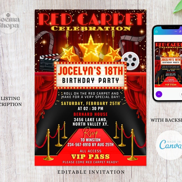 Red Carpet Party Invitations, Movie Birthday Party, Singing Party Invite, Karaoke Evite, Canva Editable and Printable, Instant Download