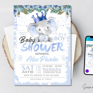 Blue Elephant Baby Shower Invitations: Canva Editable (Instant Download)