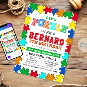 Puzzelspeluitnodigingen, puzzelfeest, puzzeluitnodiging, puzzelkleuren Evite, Canva bewerkbaar en afdrukbaar, direct downloaden
