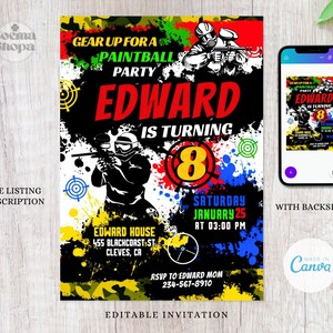 Paintball Party uitnodigingen, Camo Party, leger bewerkbare uitnodiging, militair, verjaardagscadeaus, Canva bewerkbaar en afdrukbaar, Instant Download